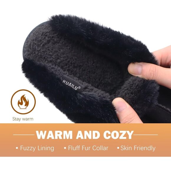 ⚡Women Dark Black Suede Fluff Dual Memory Foam Arch Support Warm Scuff Slipper - Picture 5 of 7